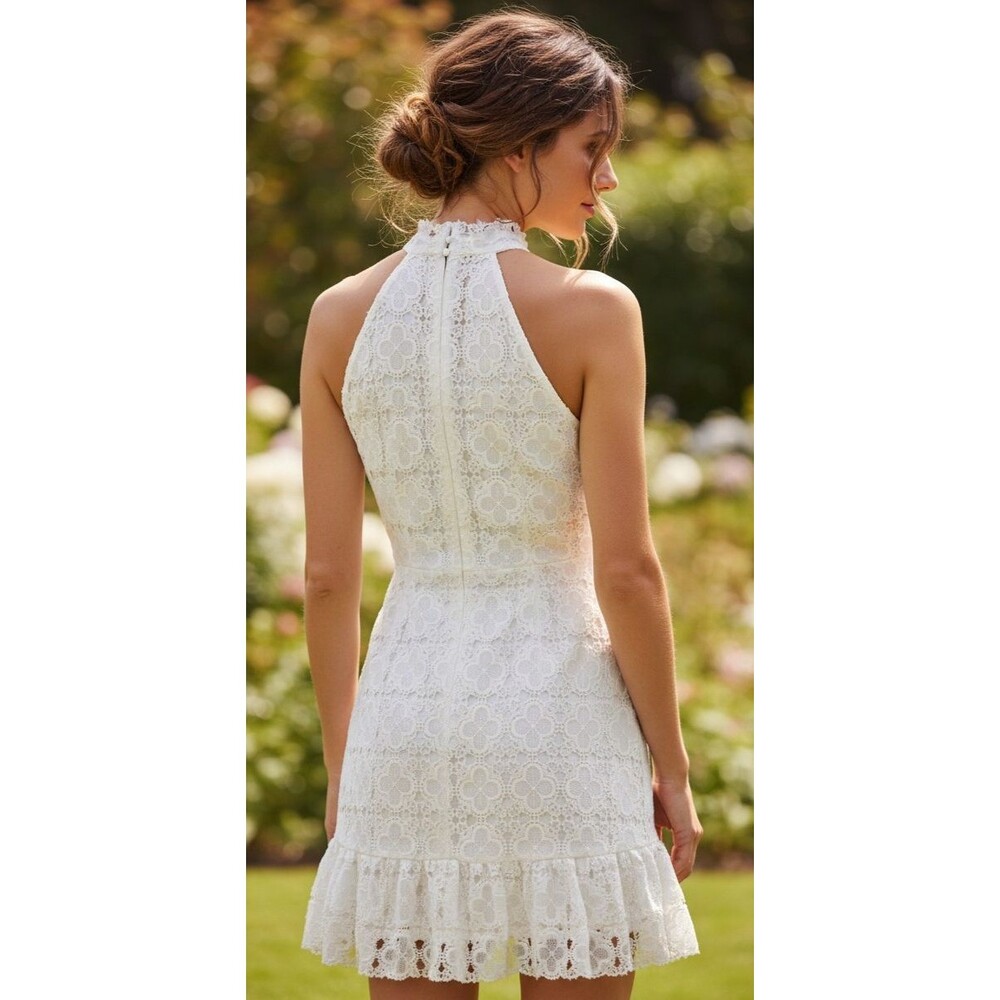 DESIGNER AQUA WHITE LACE HALTER NECKLINE RUFFLE HEM SLEEVELESS DRESS SIZE LARGE - Picture 8 of 16